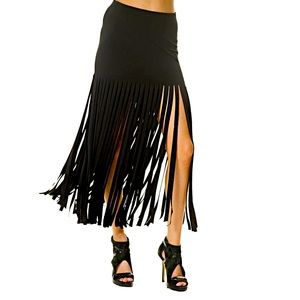 Eva Varro Fringe Skirt Black Mini Tight Fit Long Tassels Cut Out XS